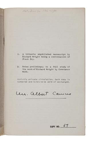 [CAMUS, Albert (1913-1960), his copy]. - WRIGHT, Richard (1908-1960). - WEBB, Constance (1939-1948).  A Hitherto Unpublished Manuscript. N.p.: Strictl