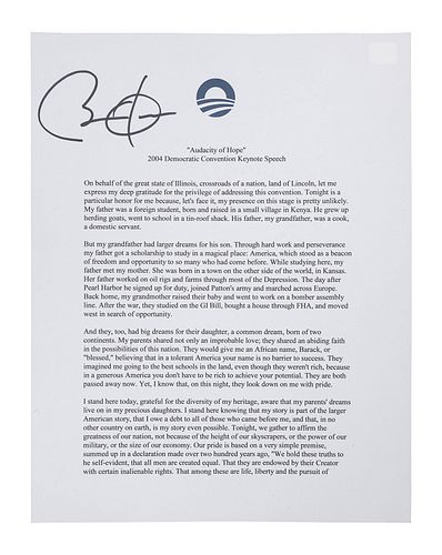 OBAMA, Barack. Duplicated typescript of his 2004 Democratic Convention Keynote Speech, entitled "Audacity of Hope." [c.2008]. 4 pp., 4to. SIGNED BY OB