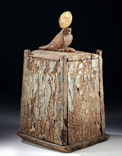 Egyptian Gesso'd Cedar Canopic Box, Ba Bird Atop