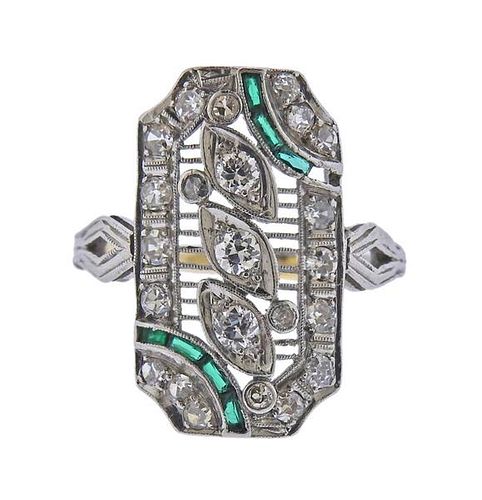 Art Deco Platinum Diamond Emerald Ring