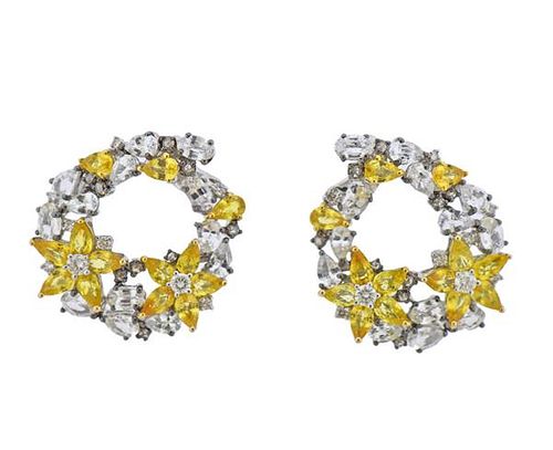 18k Gold White Yellow Sapphire Diamond Earrings 