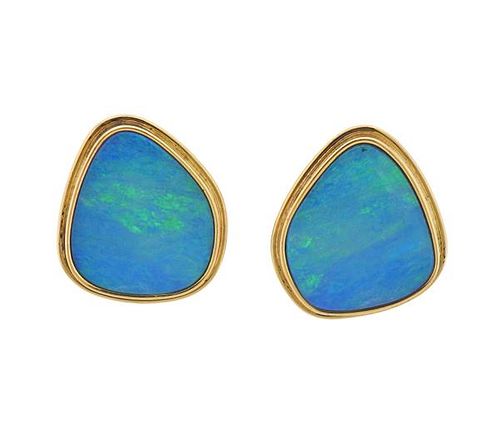 Designer Signed 14k Gold Opal Earrings 