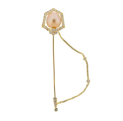 18K Gold Diamond Pearl Brooch Pin