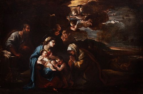 Scuola napoletana, secolo XVII - Holy Family with San Giovannino and Sant'Anna in a landscape
