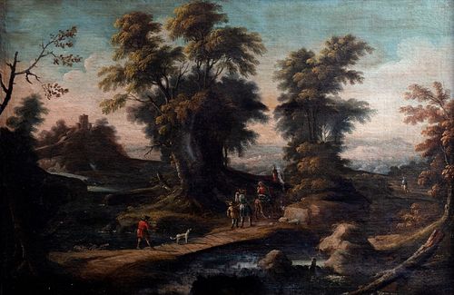 Scuola dell'Italia settentrionale, secolo XVII - Landscape with bridge and wayfarers