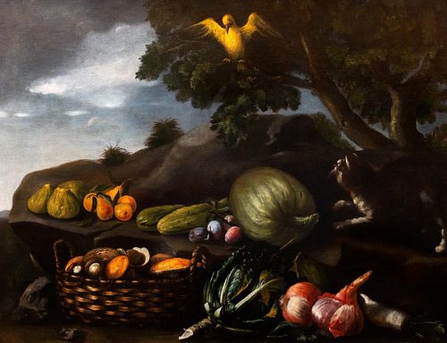 Scuola romana, secolo XVII - Still life with fruit, vegetables and a bird en plein air