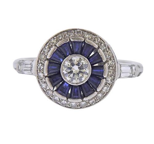 Mid Century Platinum Diamond Sapphire Ring 