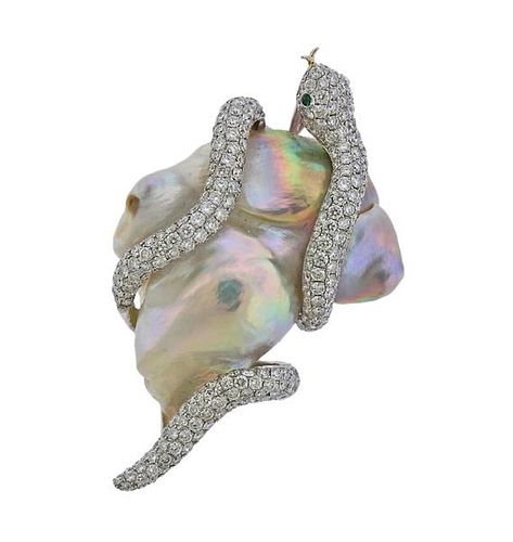 18K Gold Diamond Green Stone Pearl Snake Brooch Pendant