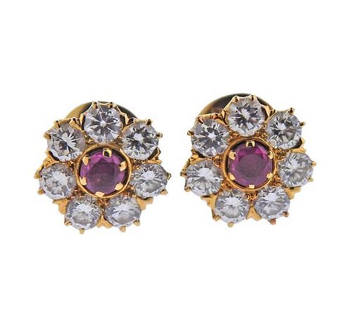 18K Gold Diamond Ruby Stud Earrings