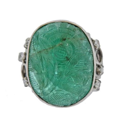 25.80ct Carved Emerald Platinum Diamond Ring 
