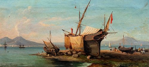 Consalvo Carelli (Napoli 1818-1910)  - Boats in shed and fishermen on the shore of the Gulf of Sorrento