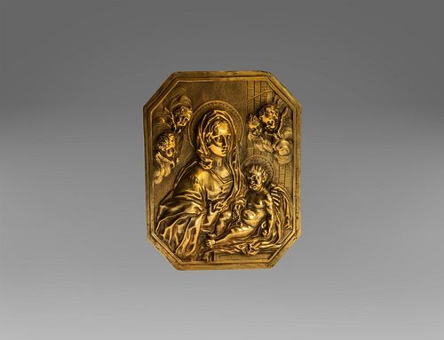 Gilded bronze plaque depicting Madonna with Child and Angels, Rome 17th century
