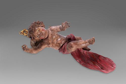 Lot consisting of two sculptures: a presepe statuette and cherub in lacquered and painted wood, Naples late 18th century - early 19th century