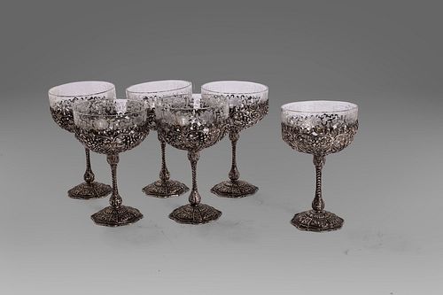 Set of six champagne glasses in crystal and 800 silver, Germany, late 19th - early 20th century