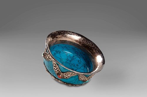 Tibetan bowl in soapstone, silver decorations with turquoise stones and corals, early 20th century