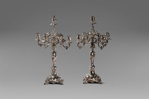 Pair of silver five-lamp candlesticks, Germany, late 19th - early 20th century