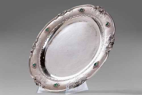 Silver plate with malachite stones