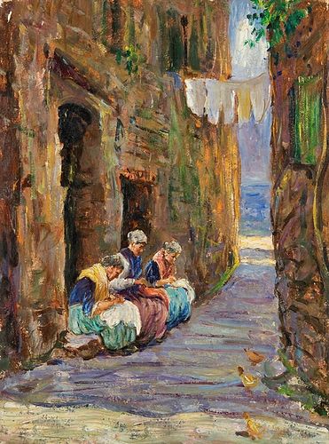 Scuola italiana - Women sewing in an alley