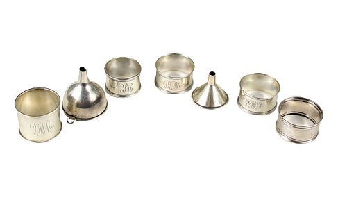 (7) Collection of Sterling Napkin Rings & Funnels