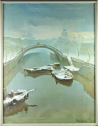 Winter Canal Scene (20th Century) Oil on Canvas