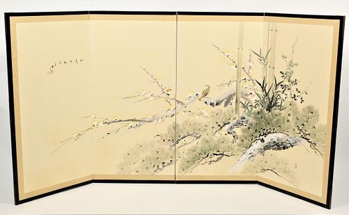 Japanese Four Panel Screen, Signed
