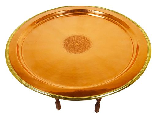 Large Copper Platter on Wooden Stand