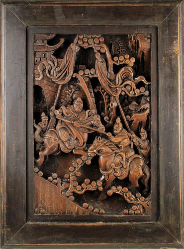 Chinese Carved Panel of Warriors on Horseback