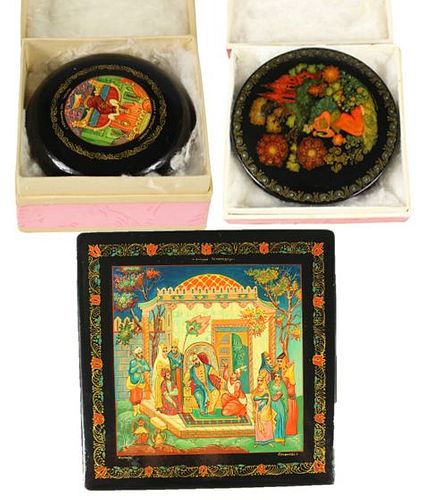 Collection of 3 Russian Lacquer Ware Boxes
