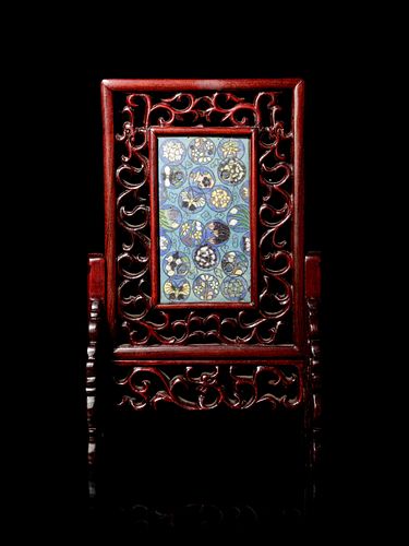 A Small Cloisonne Enamel Inset Rosewood Table ScreenHeight 9 3/4 in., 24.7 cm.