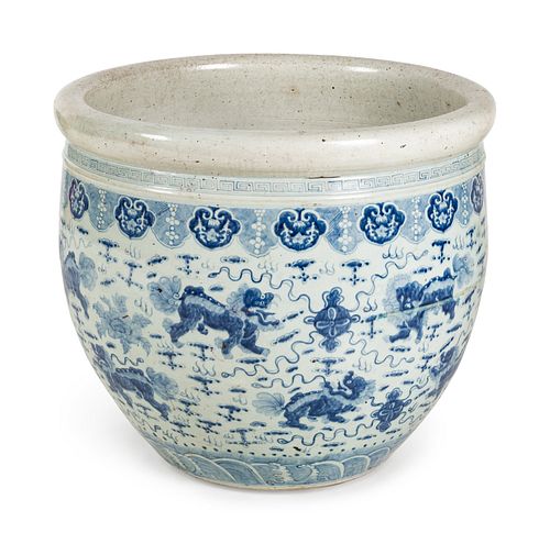 A Large Blue and White 'Fu Lion' Porcelain Fish Bowl
Diameter 26 x Height 23 in., 66 x 58.4 cm. 