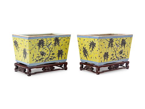 A Pair of Yellow Ground Grisaille Enameled Rectangular Planters
Height 5 1/2 in., 14 cm.