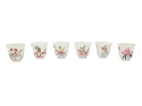 Six White Sgraffito Ground Famille Rose Porcelain "Eight Immortal' Bell-Shaped Wine Cups
Height 2 5/8 x diameter 3 in., 6.67 x 7.62 cm