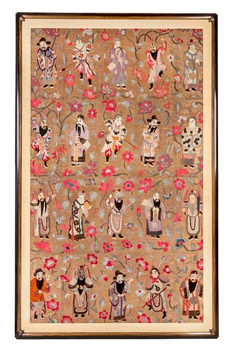 A Large Embroidered Silk Panel
Height 67 1/2 x width 39 3/4 in., 171.5 x 101 cm.