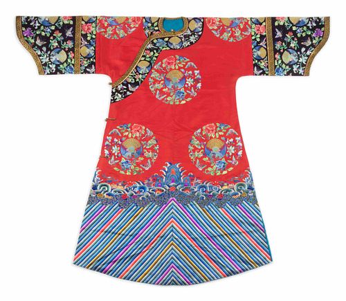 A Red Ground Embroidered Silk Lady's Informal Robe
Length from back of collar to hem 51 1/4 in., 130 cm.