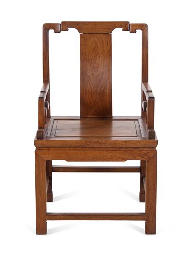 A Huanghuali 'Southern Official's Hat' Armchair, Nanguanmaoyi
Height 39 x width 23 1/4 x depth 19 3/4 inches.