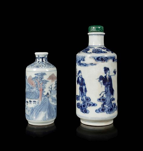 Two Underglaze Blue and Red Snuff Bottles
Height of taller overall 5 in., 12.7 cm.