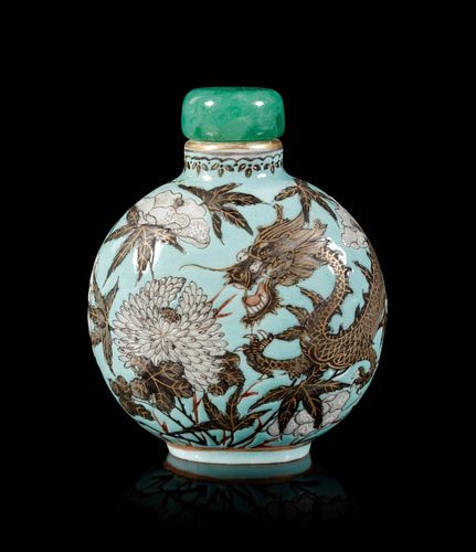 A Rare Turquoise Ground Gilt Decorated Grisaille Enameled Porcelain Snuff Bottle
Height overall 2 5/8 in., 6.7 cm.