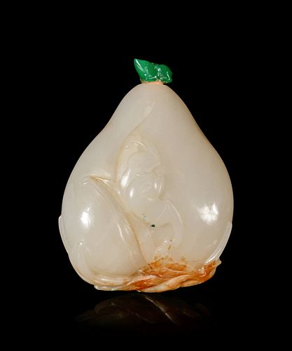 A Russet and White Jade 'Peach and Bat' Snuff Bottle
Height overall 3 in., 7.6 cm