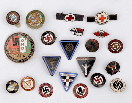 German WWII Assorted Political Enamel Pins, Lot of Twenty-One 
