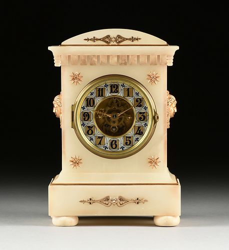 A FRENCH GILT METAL MOUNTED ALABASTER MANTLE CLOCK, BY EUGENÉ FARCOT, PARIS, LATE 19TH CENTURY,