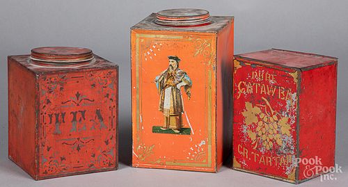 Three red painted tins, late 19th c.