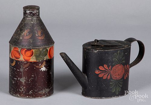 Toleware teapot and tea caddy, 19th c.