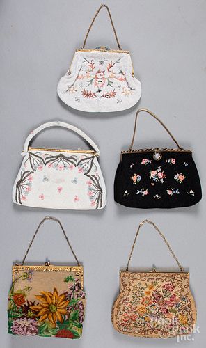 Five beadwork and embroidered purses.