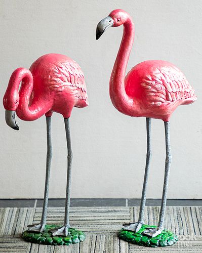 Pair of painted metal garden flamingoes