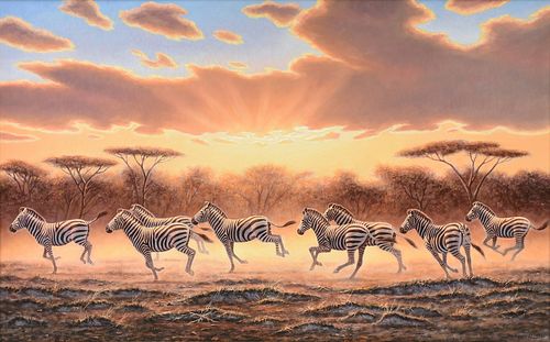BO NEWELL (American/Texas 20th/21st Century) A PAINTING, "Zebras Galloping at Sunset," 1986,