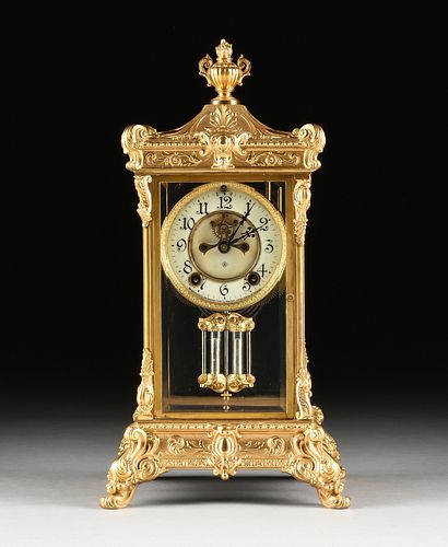 AN ANSONIA ROCOCO REVIVAL OPEN CASE GILT BRONZE CLOCK, NEW YORK, 1880-1890,