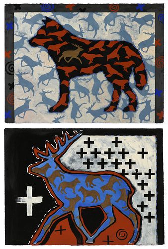 C.A. SNELLMAN (American 20th Century) A GROUP OF TWO COLLAGES, "Wolf," AND "Stag," 1994,
