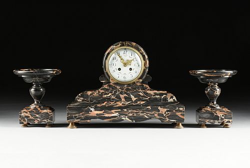 A FRENCH NEOCLASSICAL REVIVAL POLISHED PORTORO MARBLE MANTLE CLOCK GARNITURE, EARLY 20TH CENTURY,