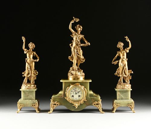AN ART NOUVEAU GILT METAL AND ONYX THREE PIECE CLOCK GARNITURE, "VANDEGUESE," CHARLES RUCHOT (French 1872-1932), SCULPTOR, JAPY FRERES, CLOCKWORKS, PA