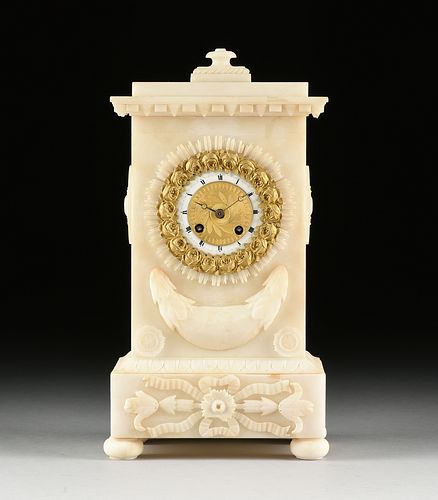 A CHARLES X WHITE ALABASTER GILT BRONZE MOUNTED CLOCK, MIROY FRERES BROTHERS, RETAILERS, CIRCA 1830,